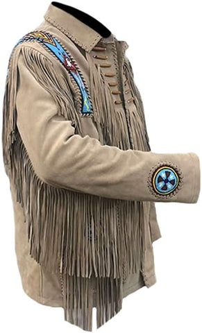 Classyak Men's Western Fringed & Bone Eagle Beaded Suede Leather Jacket