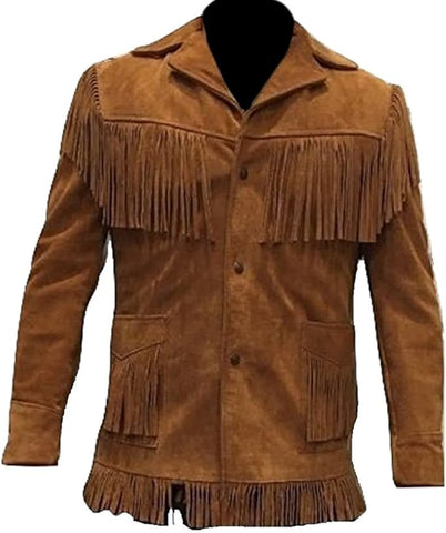 Classyak Men's Western Fringed Goat Suede Leather Coat