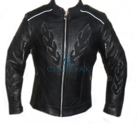 Women Motorcycle Jacket Black Cat design biker Premiere Cowhide leather