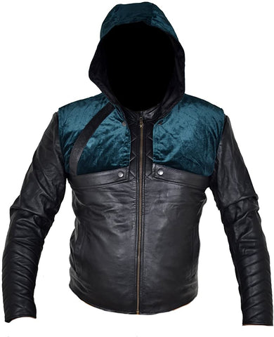 Classyak Men Fashion Arrow Leather Jacket with Hoodie