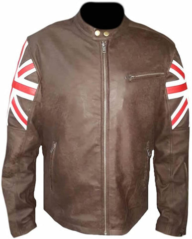 Classyak Men's Fashion Café Racer UK Flag Real Leather Jacket Classyak Men's Fashion Café Racer UK Flag Real Leather Jacket
