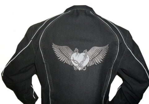 Motorcycle Jacket Flying Love Black Dobie Fabric Motorcycle Jacket Flying Love Black Dobie Fabric