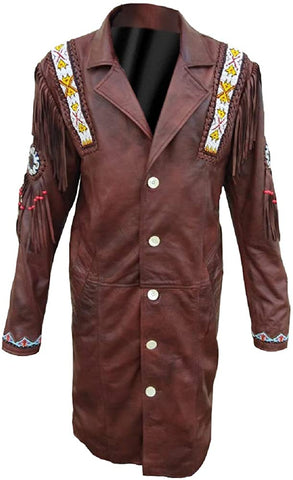 Mens Native American Western Cowboy Fringe Genuine Leather Trench Coats