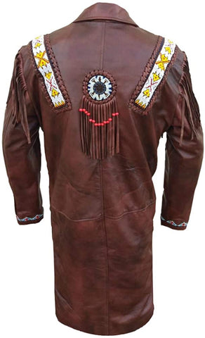Mens Native American Western Cowboy Fringe Genuine Leather Trench Coats