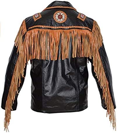 Classyak Men's Cowboy Genuine Cowhide Leather Jacket Fringe and Beaded