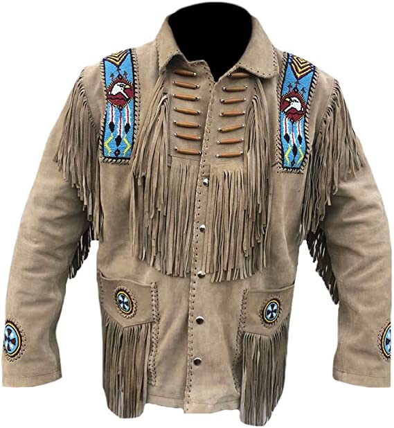 Classyak Men's Western Fringed & Bone Eagle Beaded Suede Leather Jacket