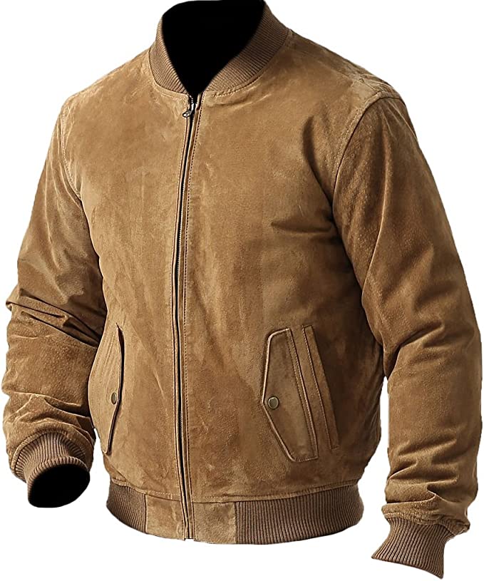 Classyak Men's Fashion Brown Suede Leather Bomber Jacket