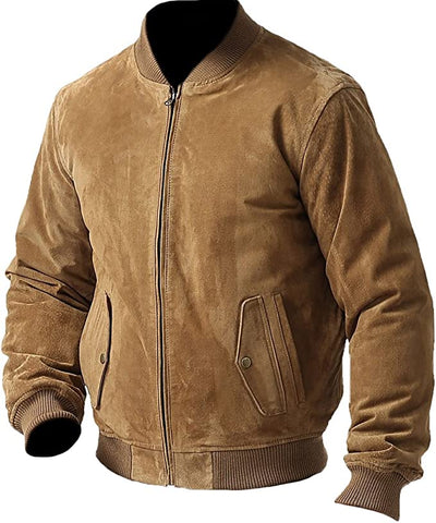 Classyak Men's Fashion Brown Suede Leather Bomber Jacket