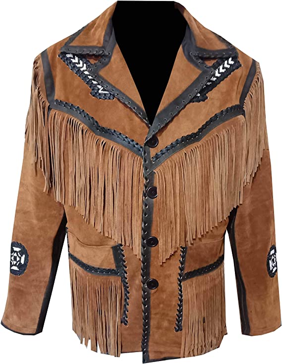 Classyak Men's Western Fringes & Beads Leather Jacket