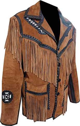 Classyak Men's Western Fringes & Beads Leather Jacket