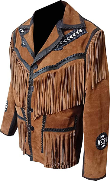 Classyak Men's Western Fringes & Beads Leather Jacket