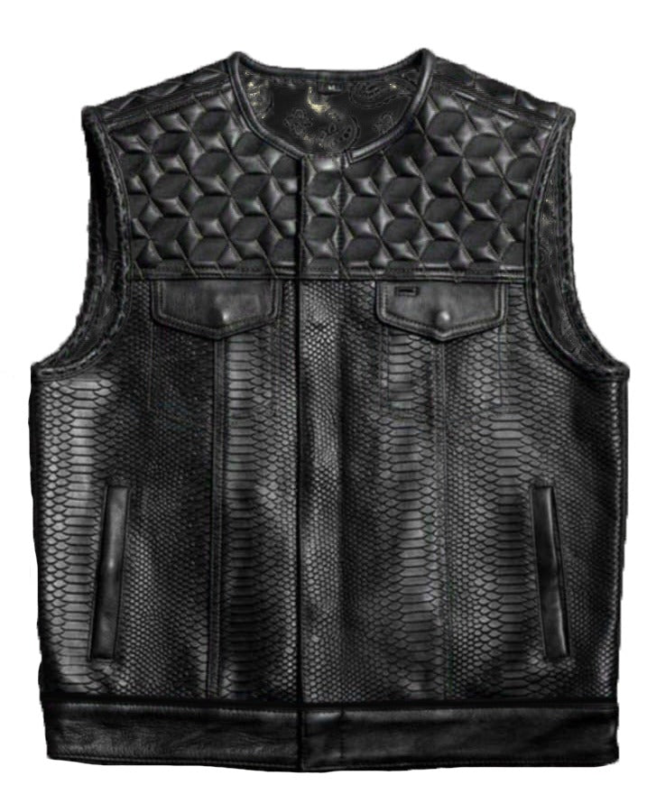 Classyak Men's Crocodile print cowhide leather biker vest black