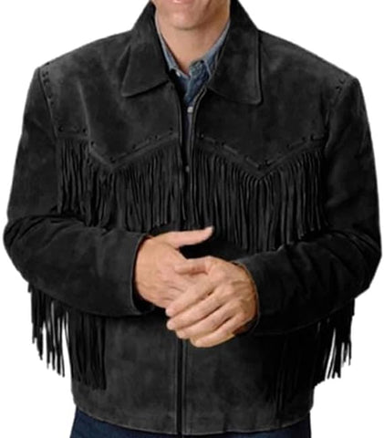 Classyak Men's Western Cowboy Fringed Suede Jacket Black