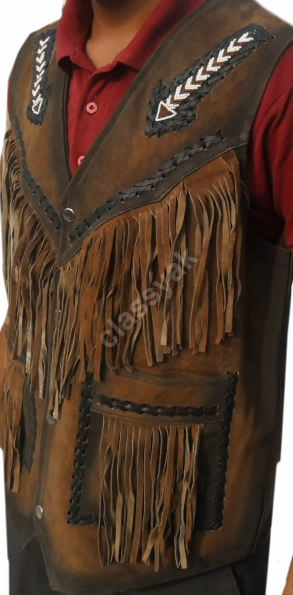 Classyak Western Genuine Leather Vest, Excellent Beads Work & Fringed, Xs-5xl