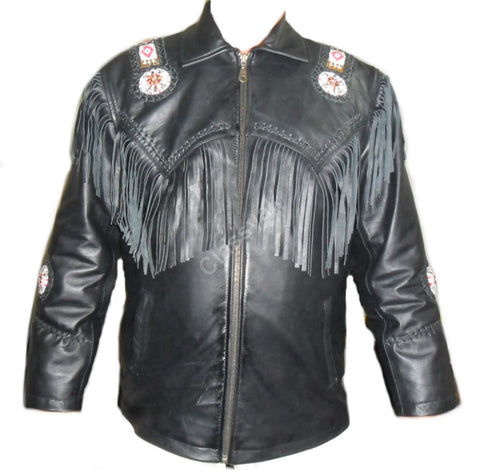 Classyak Western Leather Jacket Black, fringed and beaded, Xs-5xl