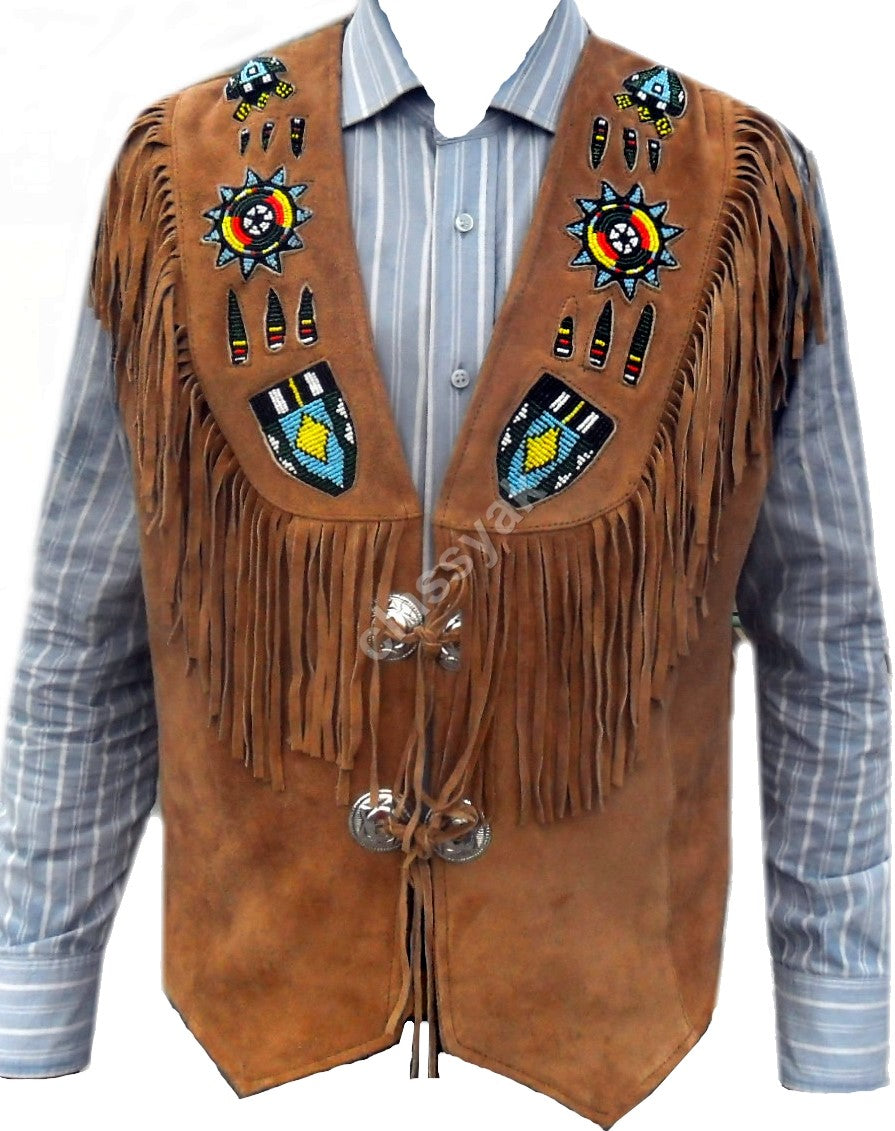 Classyak Western Genuine Leather Vest, Excellent Beads Work & Fringed, Xs-5xl