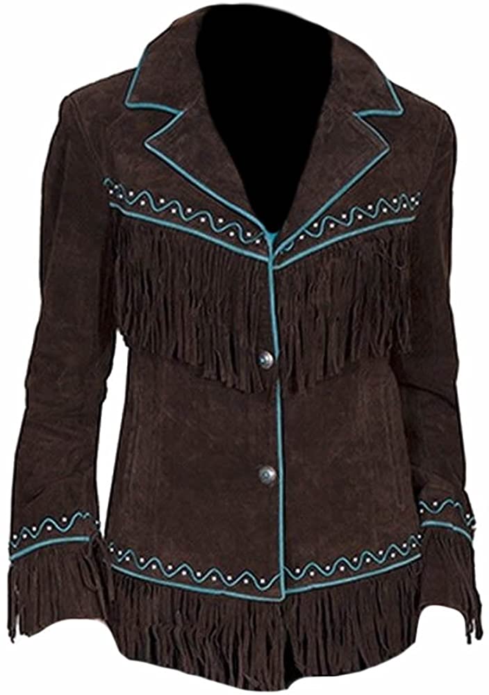 Classyak Women's Western Style Cowgirl Suede Leather Quality Fringed Jacket