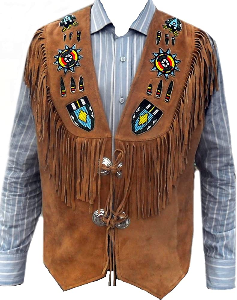 Classyak Western Genuine Leather Vest, Excellent Beads Work & Fringed