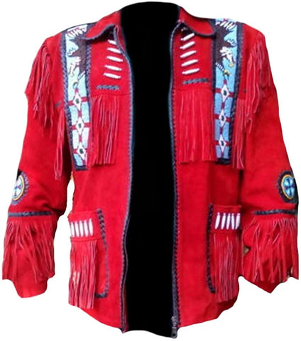 Classyak Men's Western Cowboy Red Eagle Beading Jacket