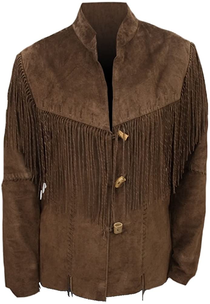 Classyak Men's Western Cowboy Fringed Suede Leather Coat