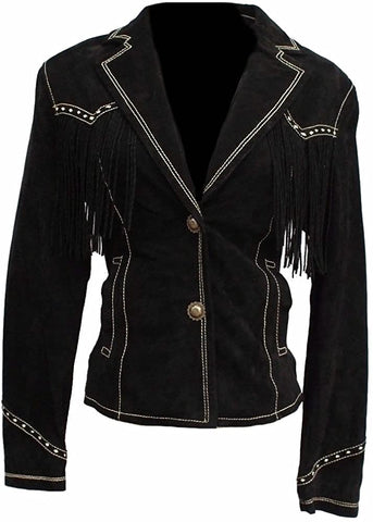 Classyak Women's Cowgirl Stylish Fringed Suede Leather Jacket