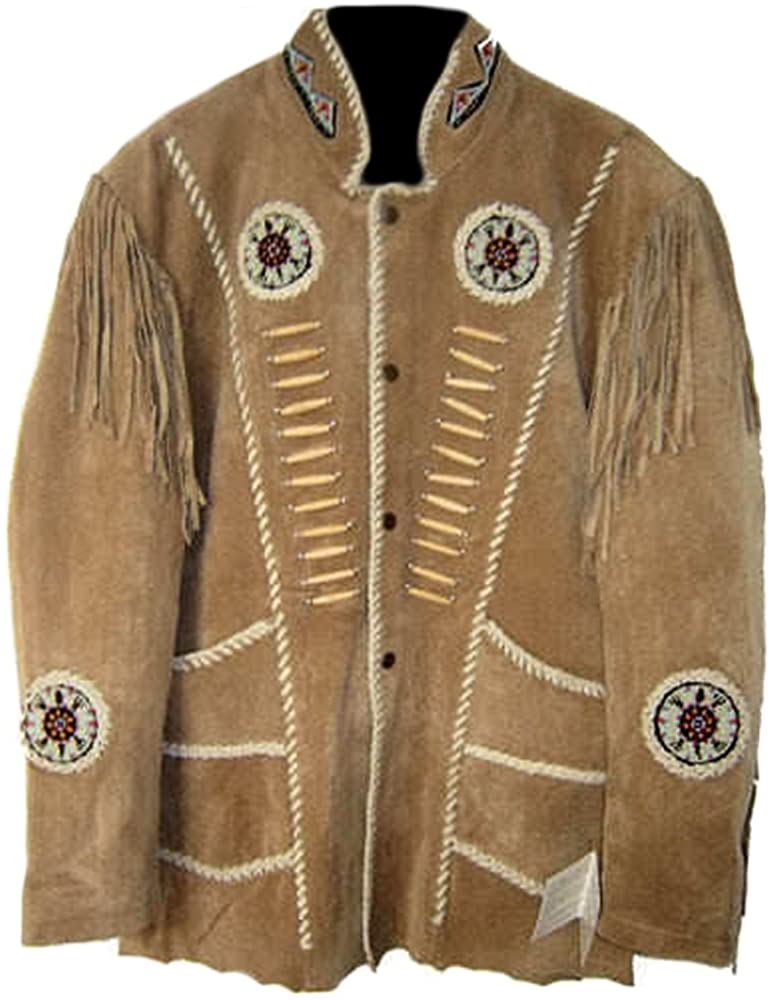 Classyak Men's Western Cowboy Jacket with Fringes, Beads and Bones