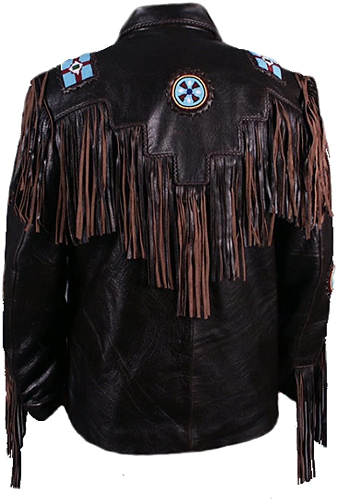 Classyak Men's Cowboy Leather Jacket, Beaded, Bones & Fringes
