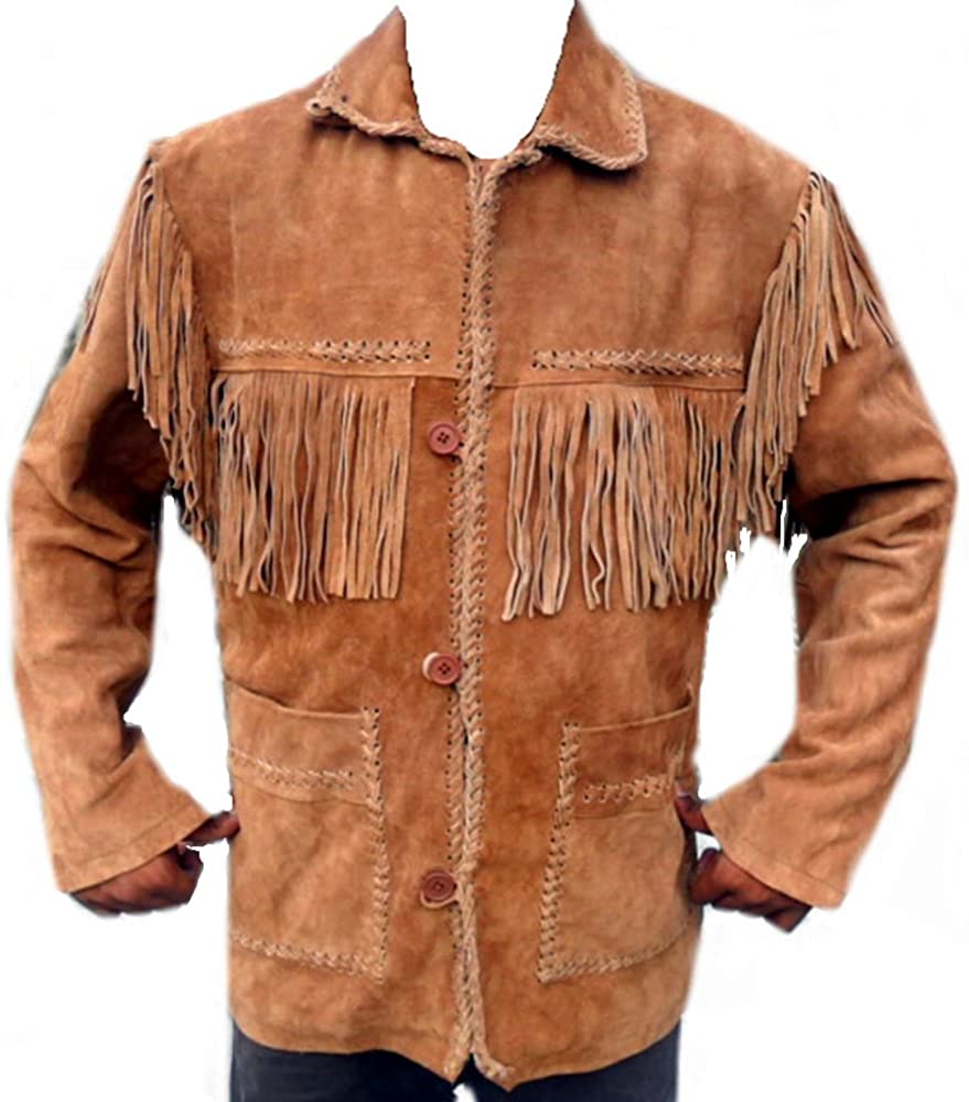 Classyak Western Leather Coat, Fringes on Front, Back, Shoulders & Sleeves