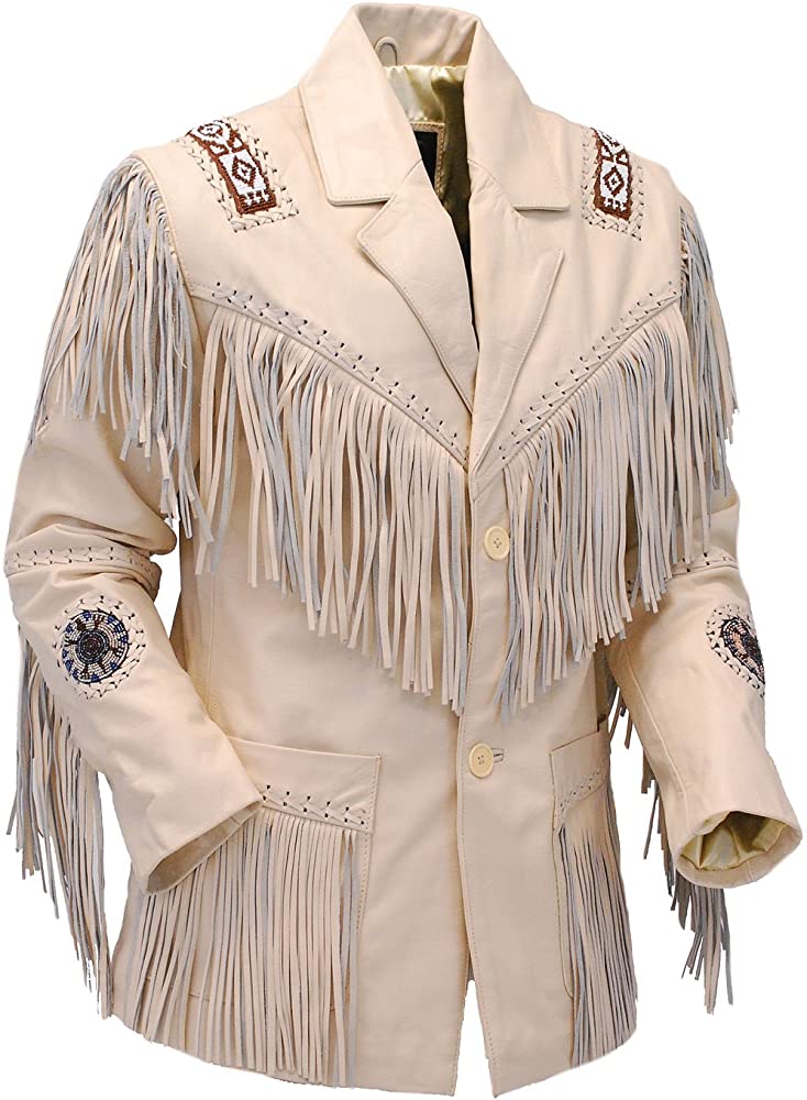 Classyak Men's Western Cowboy Navy Beige Real Leather Jacket