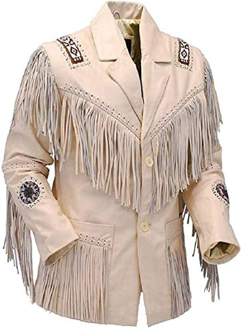 Classyak Men's Western Cowboy Leather Jacket Fringed Coat