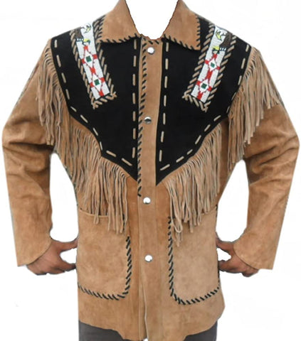 Classyak Western Leather Jacket Brown with Black Patch, Fringed & Beads
