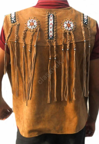 Classyak Western Real Leather Vest, Excellent Beads Work & Fringes, Xs-5xl