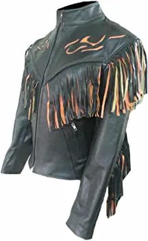 Classyak Women's Western Flame Design Fringed Leather Jacket