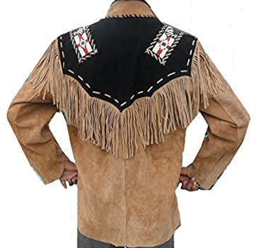 Classyak Western Leather Jacket Brown with Black Patch, Fringed & Beads