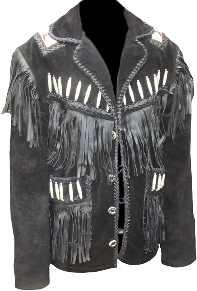 Classyak Men's Western Cowboy Leather Jacket Fringed & Boned