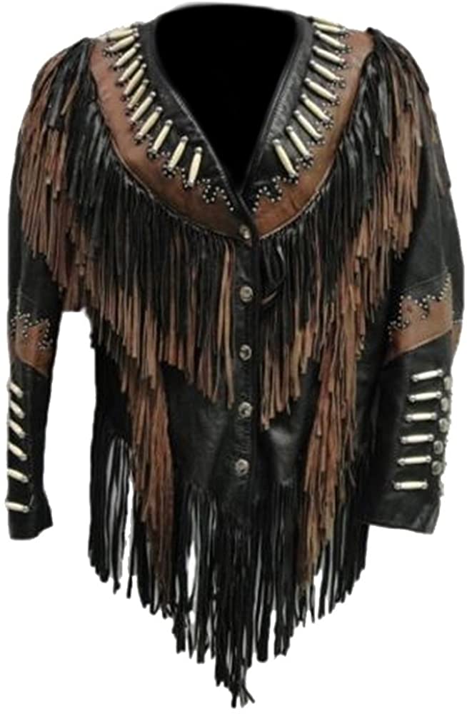 Classyak Women's Fringed and Boned Real Leather Coat