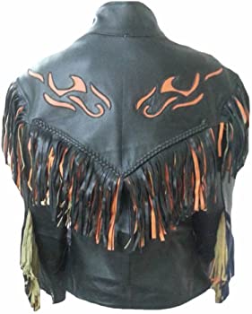 Classyak Women's Western Flame Design Fringed Leather Jacket
