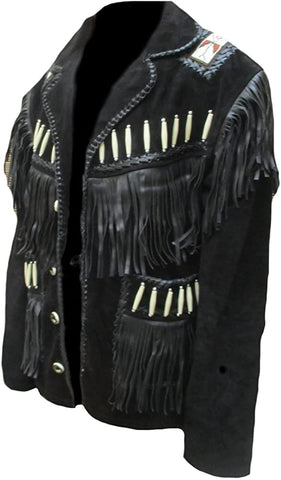 Classyak Men's Western Cowboy Leather Jacket Fringed & Boned