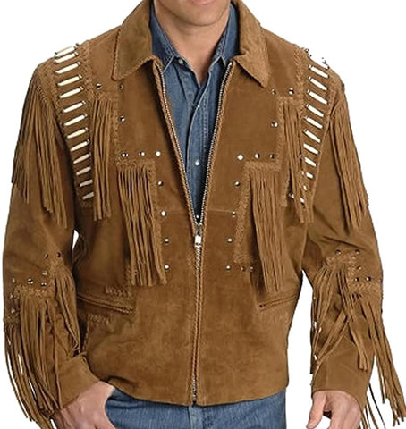 Classyak Western Men's Suede Leather Jacket, Fringed & Bones