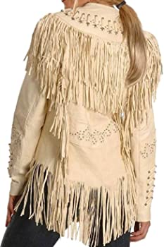 Classyak Women's Western Cowgirl Real Leather Jacket Beige