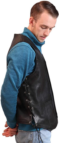 Classyak Men's Fashion Real Leather Side Laces Moto Vest