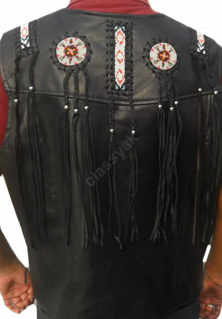 Classyak Western Genuine Leather Vest, A Grade Cowhide, Fringed & Beaded, Xs-5xl