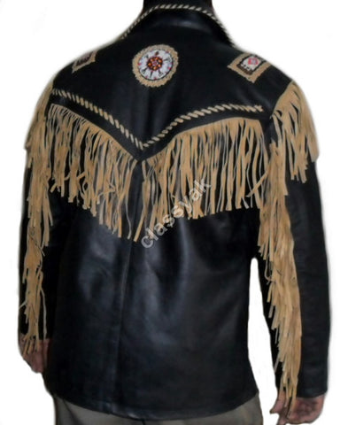 Classyak Western Leather Jacket, fringed. bones and beads, High Quality Cowhide, Xs-5xl