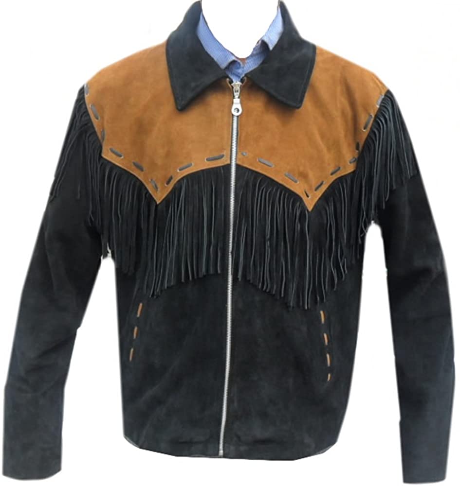 Classyak Western Leather Jacket Black with Fringes and Brown Patches