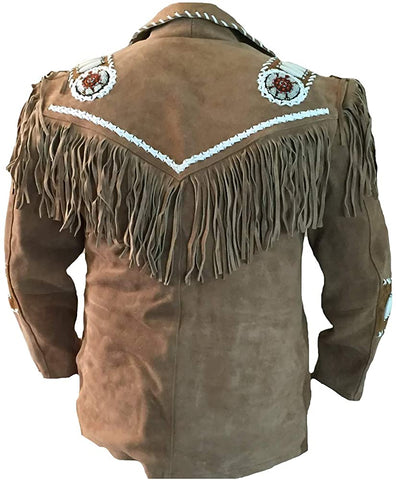 Classyak Men's Western Cowboy Beads, Bones & Fringed Coat