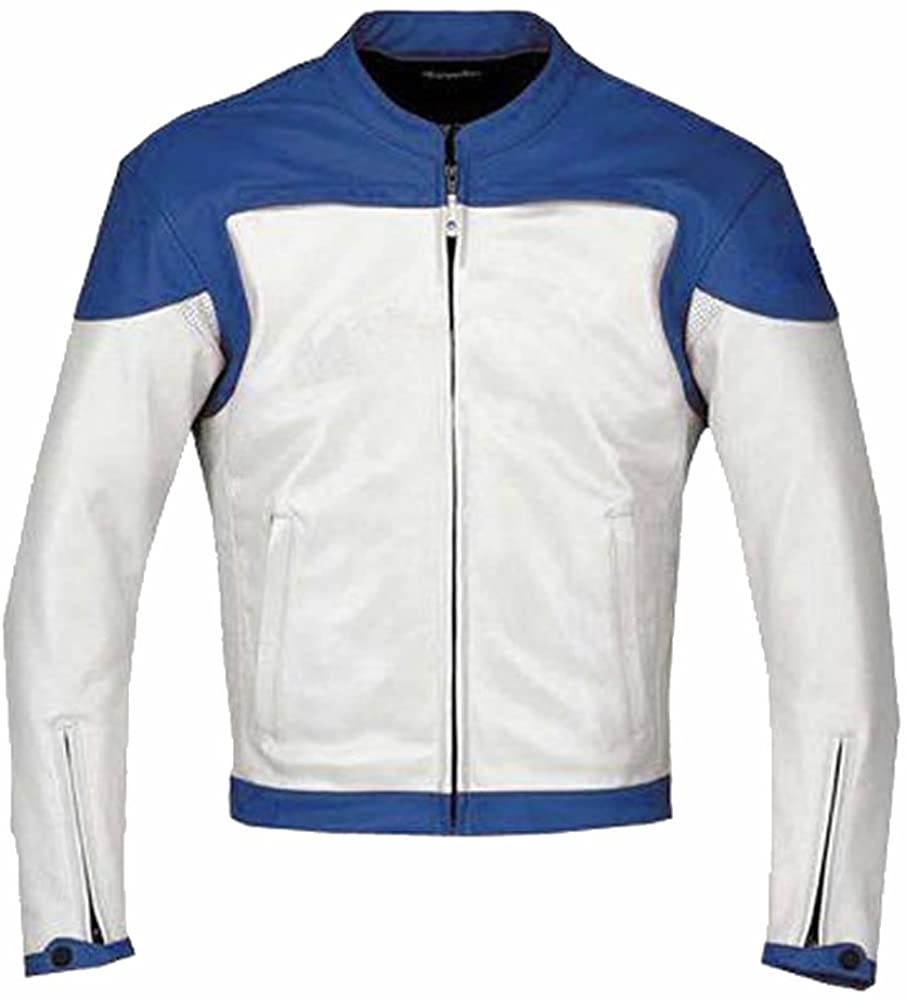 Classyak Men's Fashion White & Blue Motorcycle Real Leather Jacket