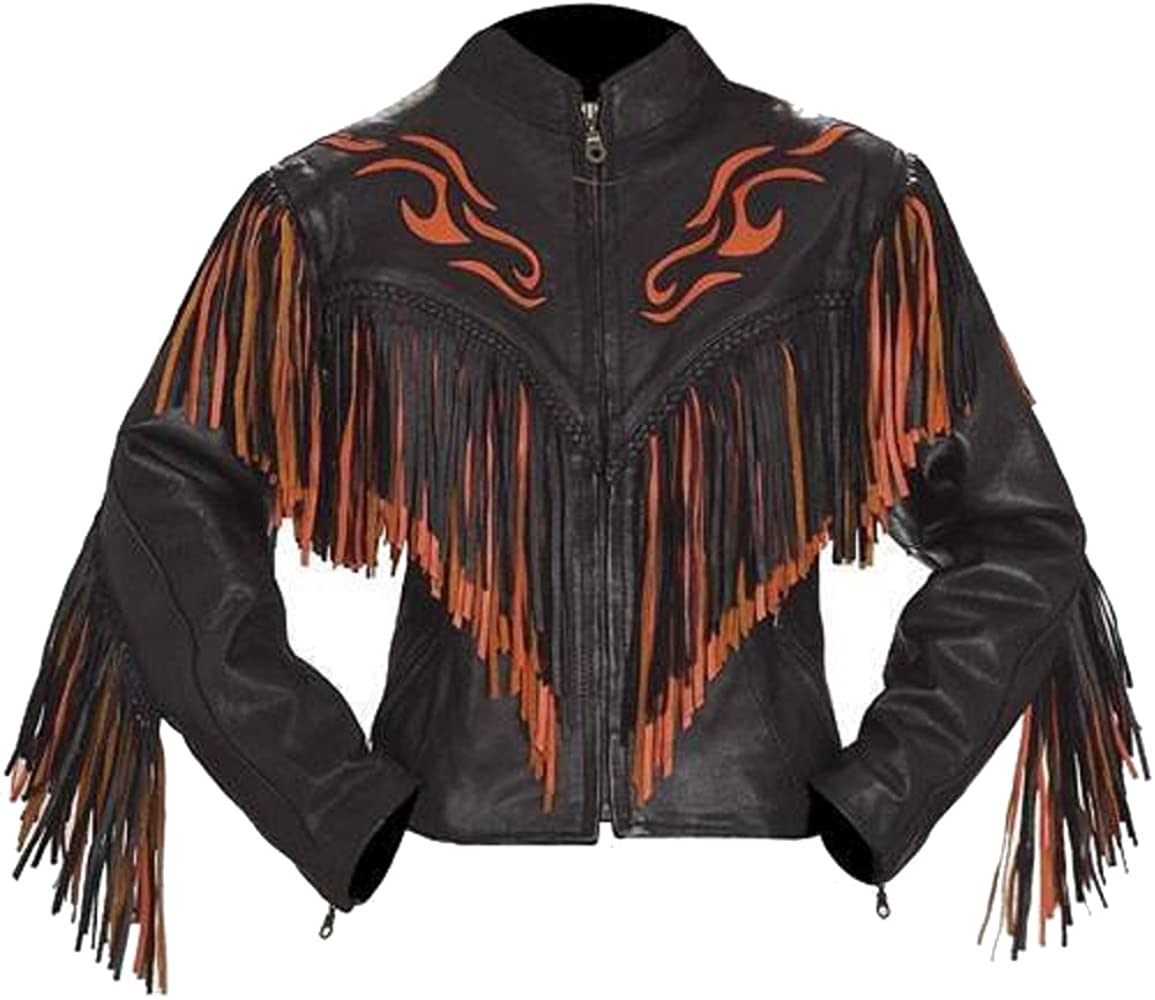 Classyak Women's Western Fringed Genuine Leather Moto Jacket