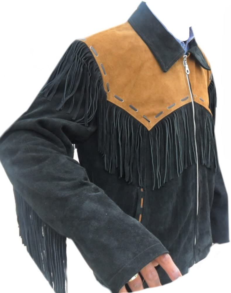 Classyak Western Leather Jacket Black with Fringes and Brown Patches