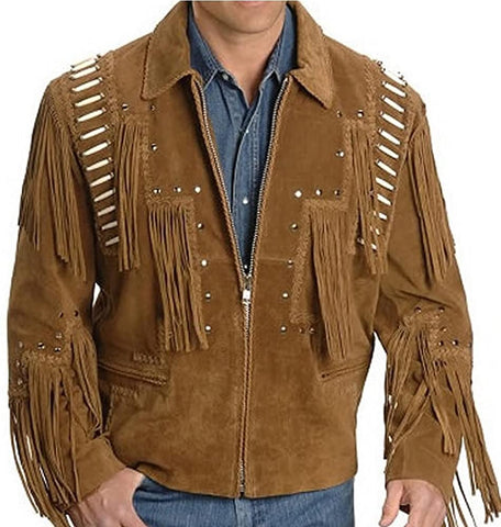 Classyak Men Western Leather Jacket with Bones on Front and Back