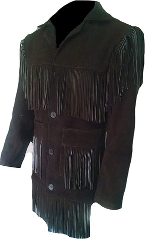 Classyak Men's Western Cowboy Suede Leather Fringed Coat